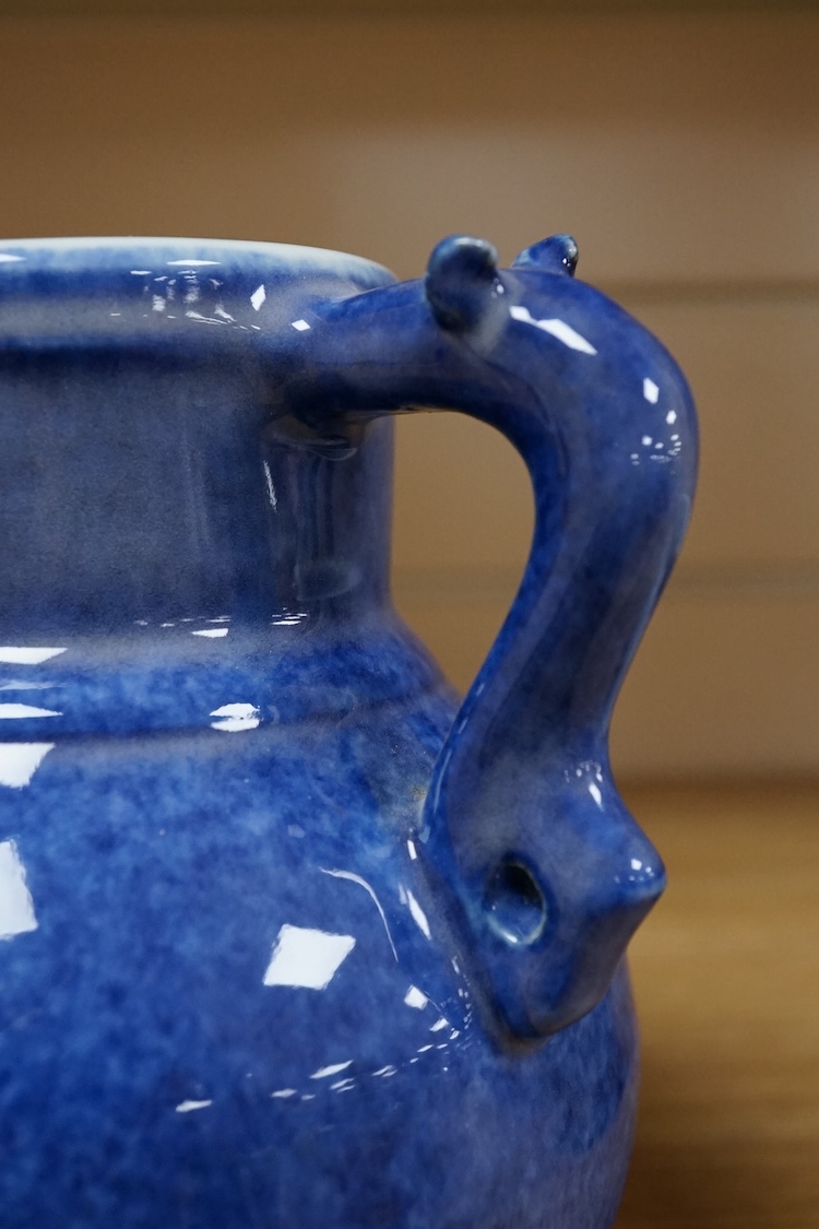 A Chinese crackle glaze tripod censer and powder blue jug, 14cm